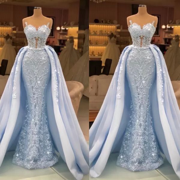 Luxus himmelblauer Meerjungfrau Abendkleider Schatz ärmellose Spitze Applizes Lady Party Braut -Promkleid