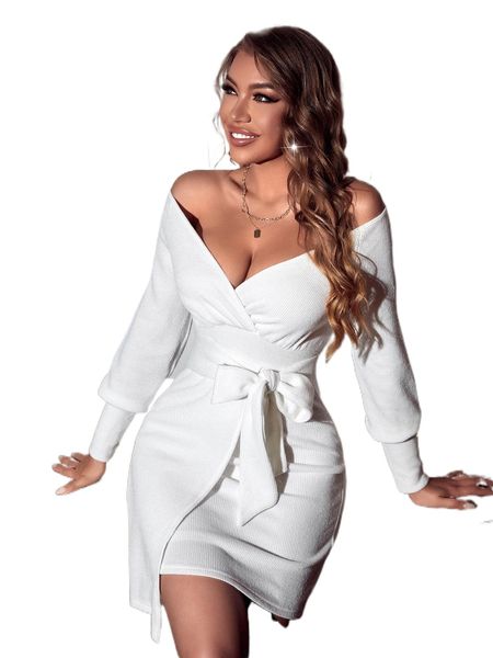 

off shoulder knot front wrap bodycon dress x9s3#, Black;gray