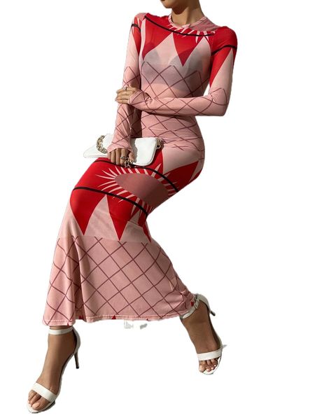 

geo print mermaid hem bodycon dress without lingerie set g2l3#, Black;gray