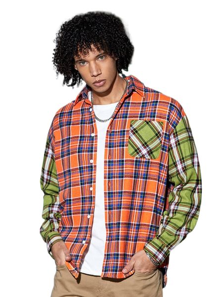 

men drop shoulder plaid print patch pocket shirt p3bx#, White;black