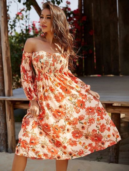 

floral print lantern sleeve shirred off shoulder dress w5xw#, Black;gray