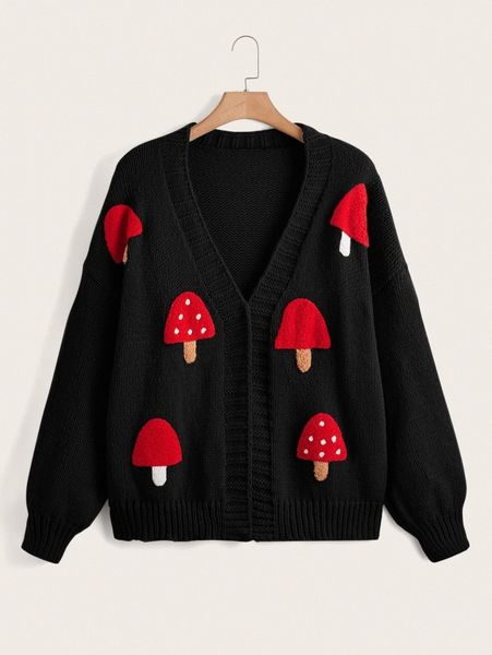 

plus mushroom pattern drop shoulder cardigan c8nr#, Black