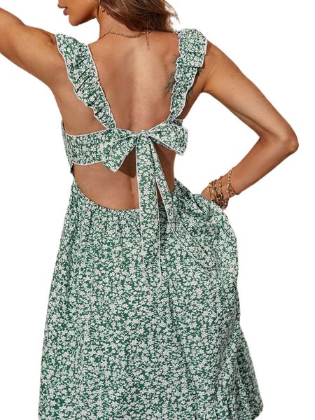 

ditsy floral print ruffle trim tie back dress 78mz#, Black;gray