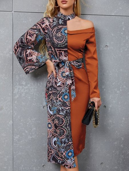 

plants print cut out belted asymmetrical dress x10u#, Black;gray