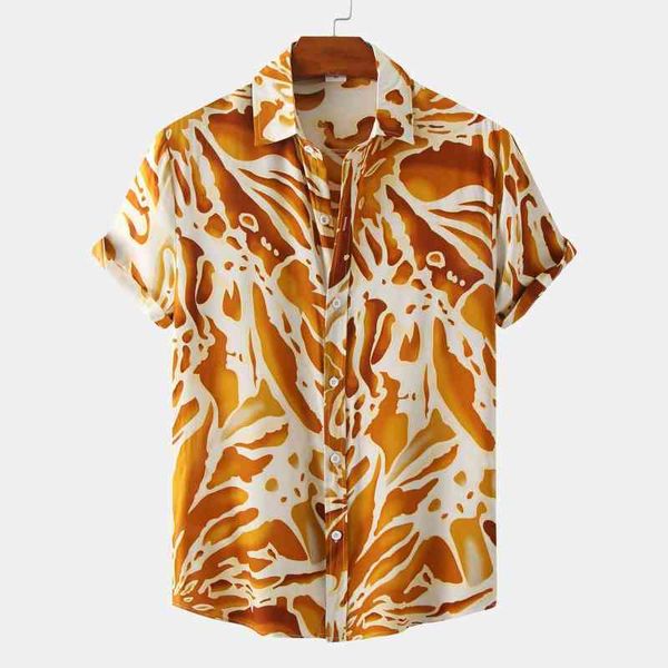 Camisa havaiana de estampa listrada amarela Men 2022 Summer Casual Button Down Down Sleeve Shirts Beach Men Festas Férias Camisas Tops L220704