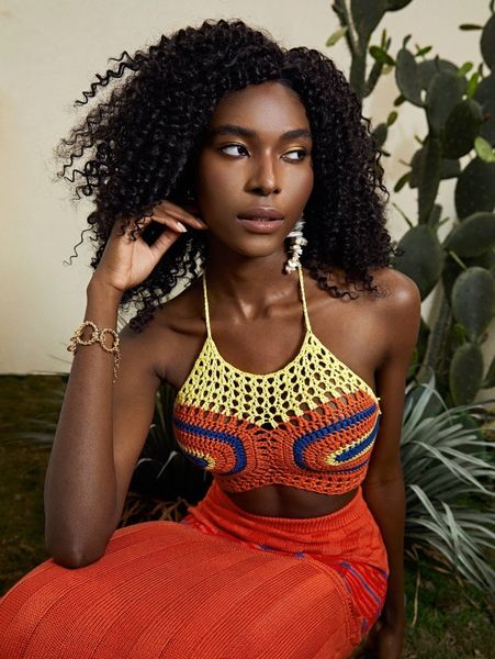 

color block crochet halter r7cj#, White;black