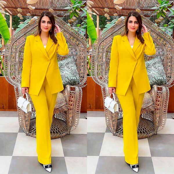 Moda de verão Amarelo Mulheres Blazer Suits Power Leisure Solta Evening Partido Robe Outfit Wedding Woodge 2 Peças