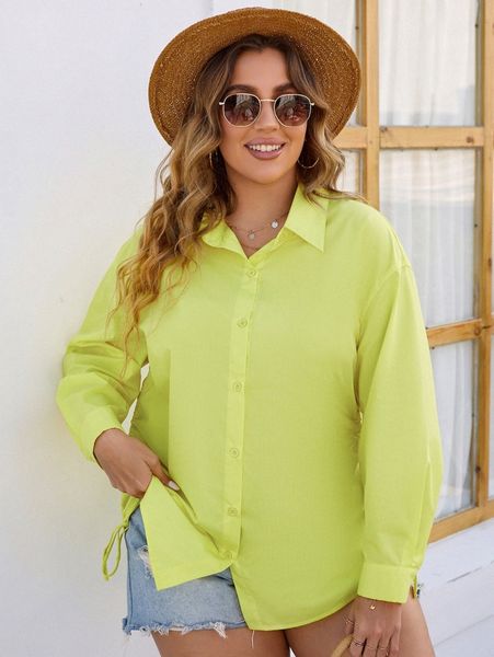 

plus drawstring side drop shoulder button front blouse s3m8#, Black