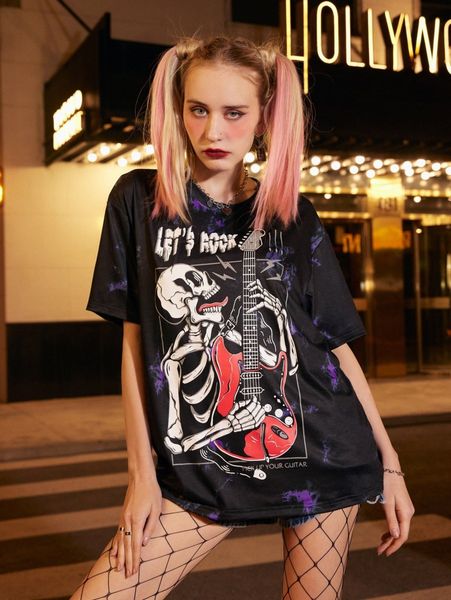 

romwe x jrart tie dye skeleton print tee z2oo#, White