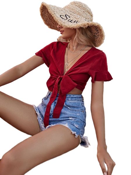 

deep v neck tie front crop v2zf#, White