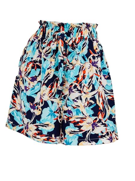 

allover floral print paper bag waist knot front shorts n5ln#, White;black