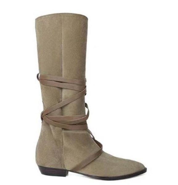 Esabel Mara Belt Schnürhalter Kniestiefel Wildleder gerade flacher Absatz Leder Hochstiefel unter dem langen Reiter Khaki Schwarze Oberschenkel-hohe Ritterstiefel