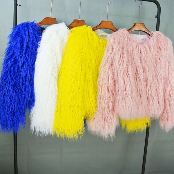 

wool faux fur coat women's colorful furry pink lamb female shaggy plus size sheepskin coat winter artificial furjacket for mother', Black