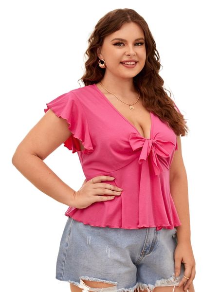 

plus ruffle sleeve knot front r7dm#, Black