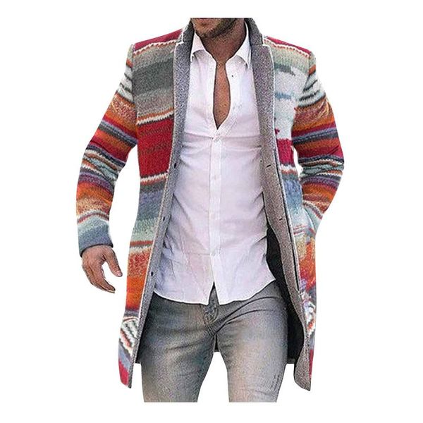 

men's trench coats winter warm casual long cardigan jacket men fashion single-breasted vintage stripe plaid printed mens woolen coat#f3, Tan;black