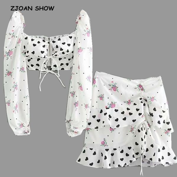 

fashion heart floral print short tshirt crop women ruffles hem mini short skirt long sleeve 2 pieces set y200110, White