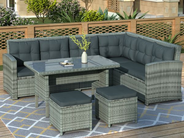 

6 piece terrace furniture set modular sofa with glass table