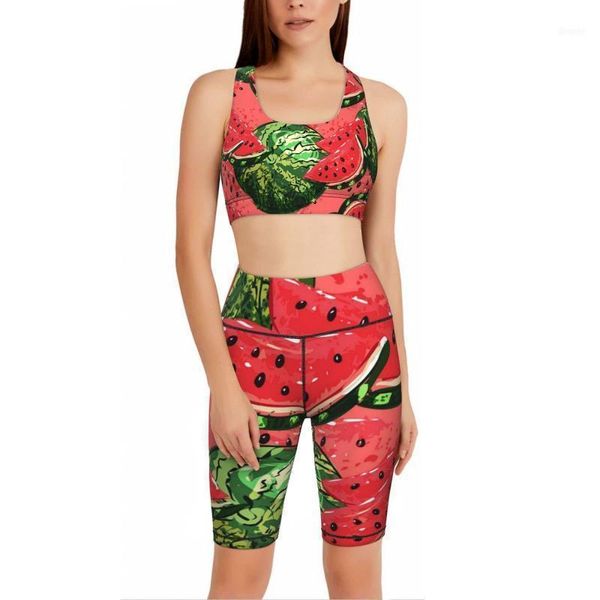 Kadın Pantolon Capris 2022 Yoga Giyim 2 Parçalı Set Karikatür Kırmızı Karpuz Yeşil Kız Moda Şortları Spor Salonu Spor Takım Sıkı S-XXL