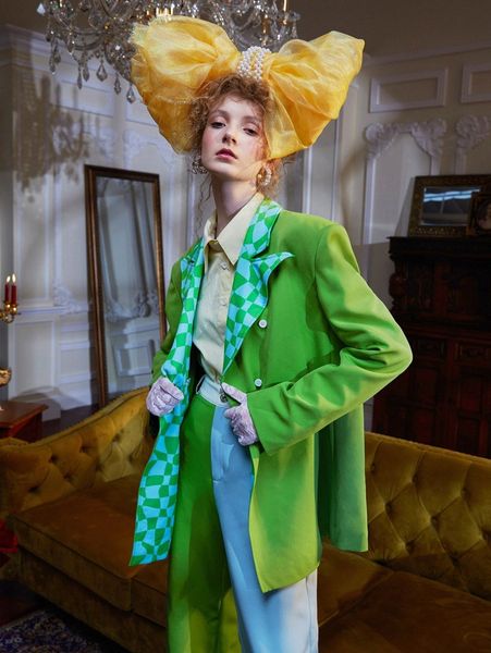 

x yaya zahir peak neck checker print double breasted blazer e34l#, White