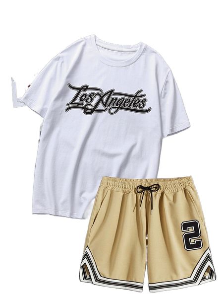 

romwe guys letter tee & striped trim shorts j8uk#, Gray