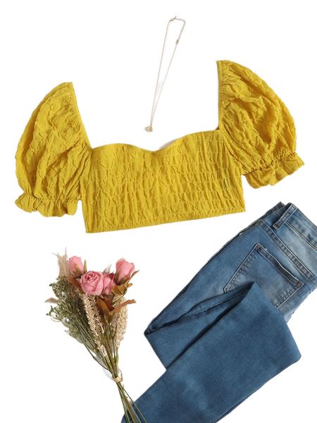 

sweetheart neck puff sleeve criss cross lace up crop s4op#, White