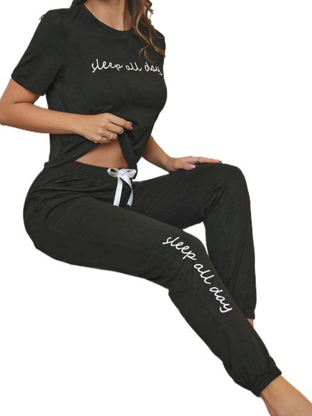 

slogan graphic tee & bow front pants lounge set p8cx#, Black;red