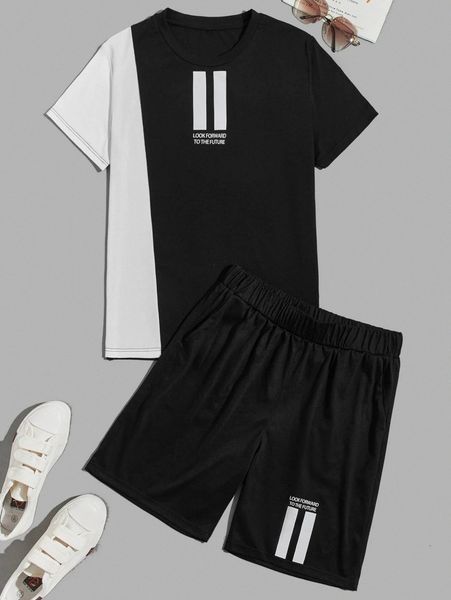 

men slogan graphic two tone tee & shorts c2j2#, Gray