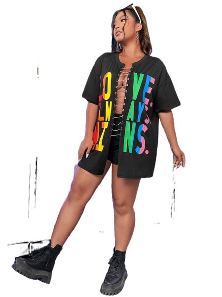 

plus letter graphic chain front drop shoulder oversized tee b3hh#, Black