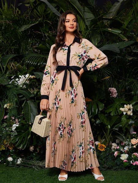 

floral print contrast trim pleated belted shirt dress r8rv#, Black;gray