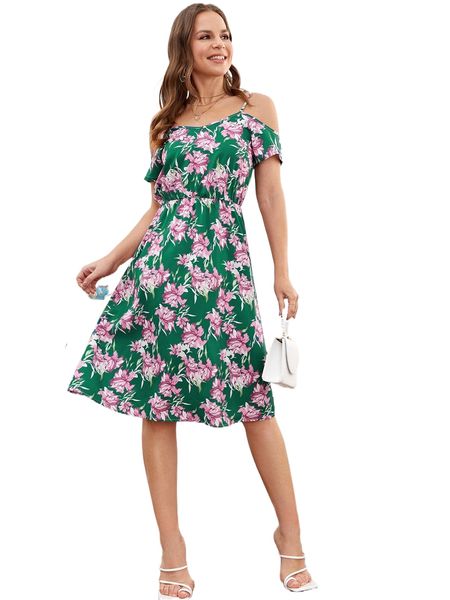 

allover floral print cold shoulder dress p5ap#, Black;gray