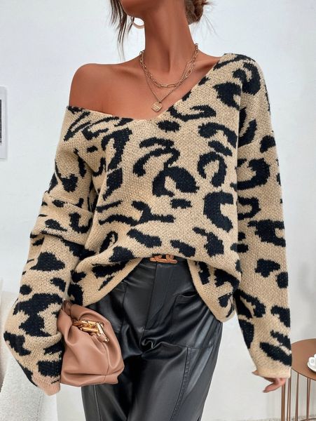

leopard pattern drop shoulder sweater h4uo#, White;black
