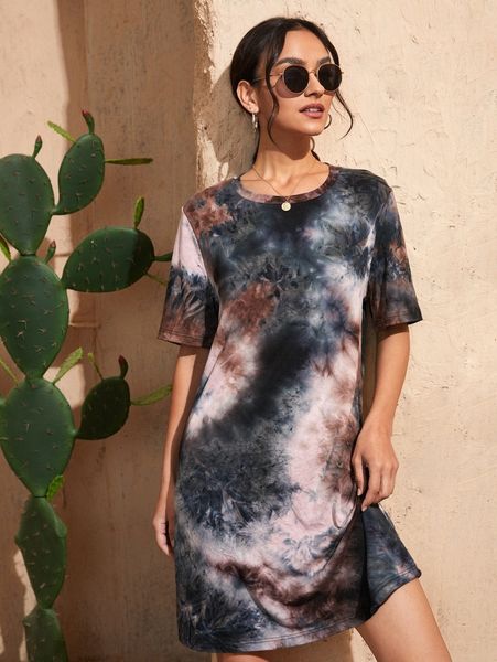 

tie dye round neck tee dress 04f0#, Black;gray