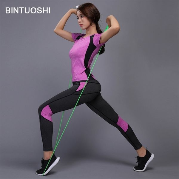 

bintuoshi women yoga set gym fitness clothes tennis shirtpants running tight jogging workout yoga leggings sport suit plus size t200115, Gray