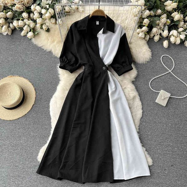 

casual dresses design sense fashion splicing contrast color polo collar shirt dress women's elegant temperament gentle wind closing wai, Black;gray