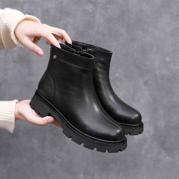 

slippers autumn winter leather middle heel women's short boots round head comfortable large thick bottom zipper martin boots x5lp, Black