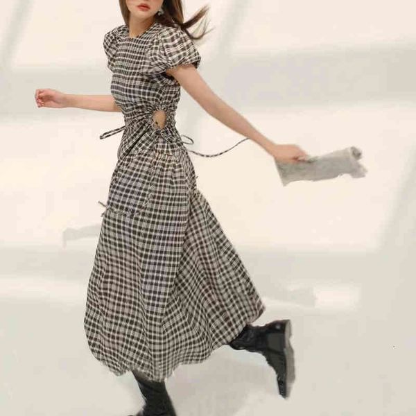 

casual dresses 2022 summer aging skirt, foreign style, thin, open waist human disqualification, bubble sleeve, medium and long dress d5z2, Black;gray