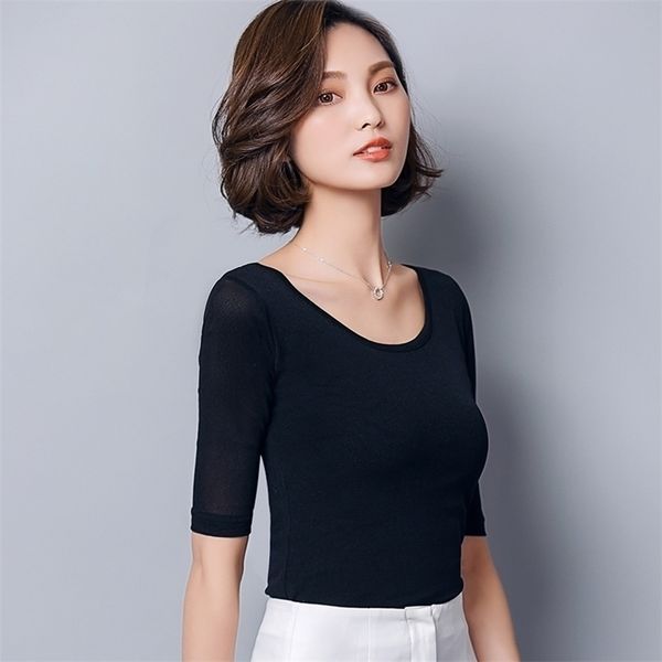 

solid half sleeve tshirt new spring summer office lady women mesh vintage streetwear t shirts camiseta mujer t93413 210311, White