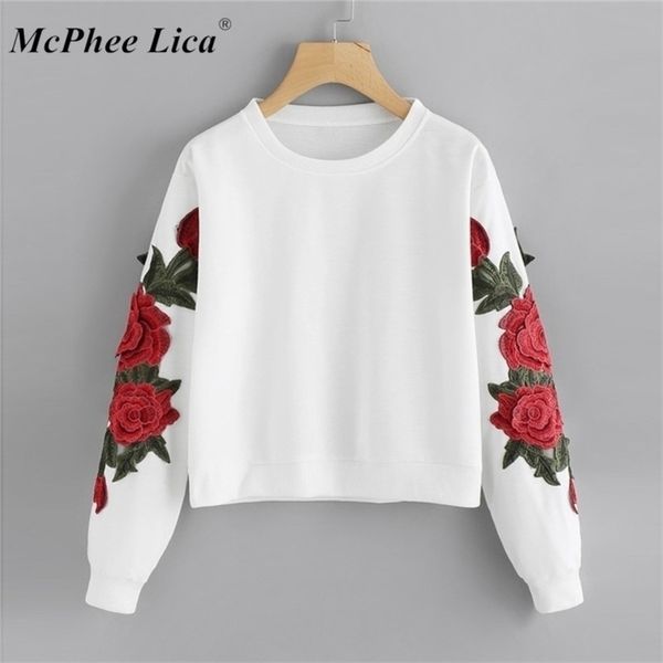 

women long sleeve rose embroidery applique sweatshirt oneck pullover blouse harajuku bluza damska y200610, Black