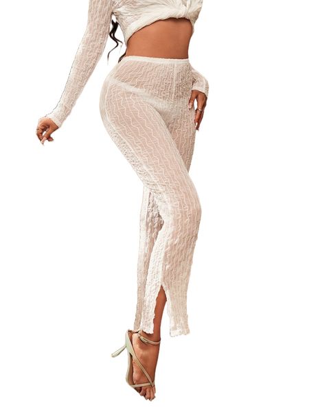 

sxy high waist seam detail split hem mesh pants 21my#, Black;white