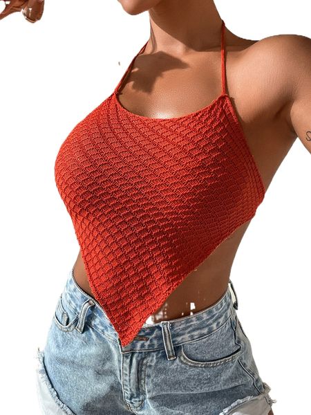 

tie backless hanky hem halter knit r2hx#, White;black