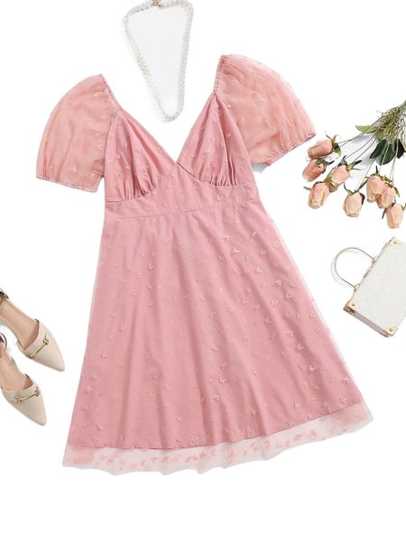 

plus butterfly pattern lace up back mesh puff sleeve dress f0v2#, Black