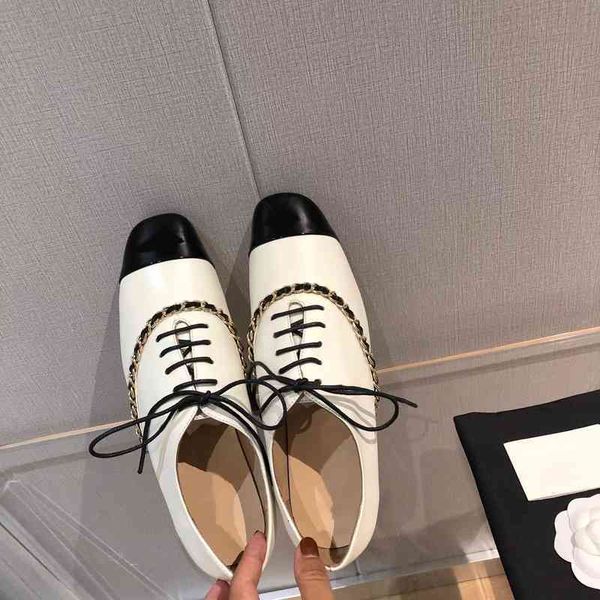 

leather dress shoes women's shoes splicing flat multiple decorative chains, Black