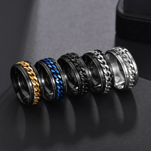 

rotate rotating anxiety fidget rings titanium stainless steel chain spinner finger ring for men blue gold black punk rock gift, Slivery;golden