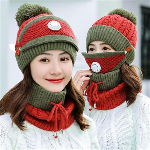 

3pcs/set winter hat and scarf with mask breathable velvet thick warm windproof collars sets for women ladies hat & scarf2557, Blue;gray