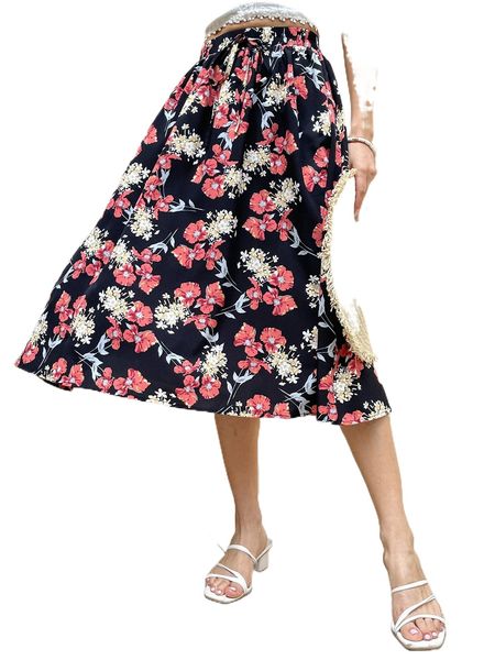 

high waist floral print tie front skirt f42j#, Black