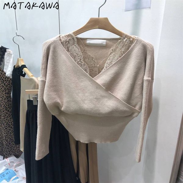 

korean spring lace stitching woman sweaters irregular knitted sweater women loose casual bottoming 210506, White;black