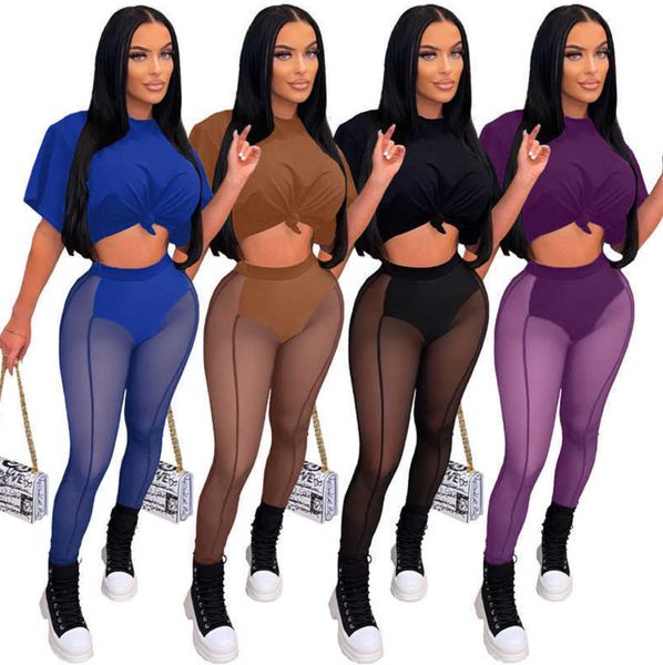 

summer tracksuits for women mesh 2 piece sets crop see through leggings solid sweatsuits clothes, Gray