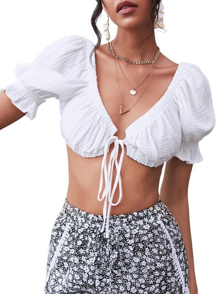 

tie front flounce sleeve crop 67f9#, White