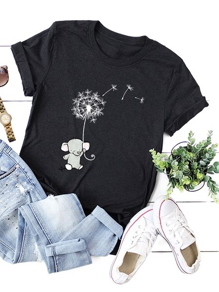 

cartoon elephant & dandelion print tee y1l1#, White