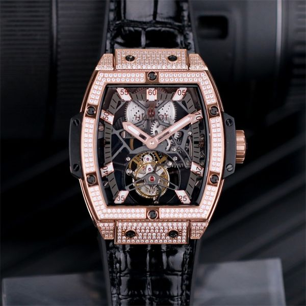 

montre de luxe men watches 9006 manual up-chain tourbillon movement electroplated 18k rose gold case rubber watchband luxury watch wristwatc, Slivery;brown